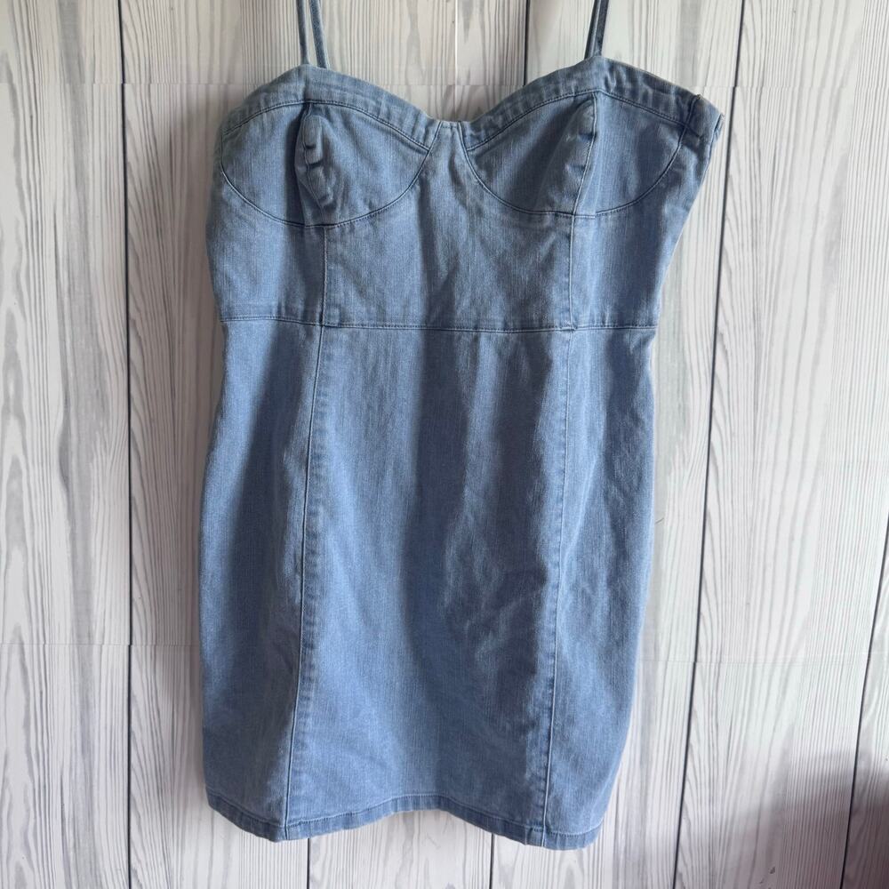 Forever 21 Denim Mini Dress Y2K 90s Style Bustier Cami Blue Jean Bodycon L